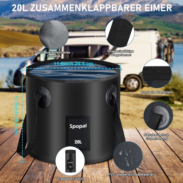 Портативна кемпінгова душа з акумулятором 6000mAh, 20L, з набором: душ, шланг 2м, для кемпінгу, відпочинку, автомийки, тварин. Чорний колір