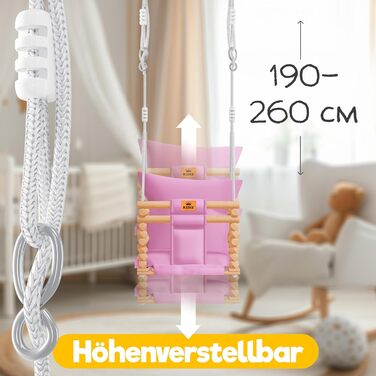 Дитяча гойдалка-колиска KIDIZ® для немовлят від 6 місяців та малюків до 3+ років (Рожева) - дерев'яна, з регулюванням висоти та м'яким сидінням для дому та вулиці