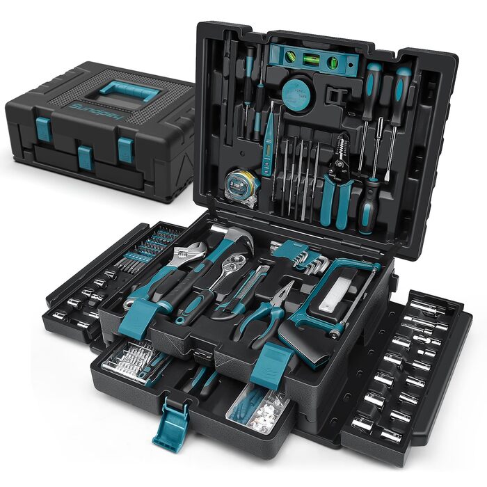 Набір інструментів Sundpey 379 предметів в кейсі з висувним ящиком, універсальний набір для дому та ремонту, синій