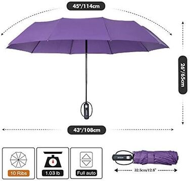 Складна парасолька ZOMAKE Stormproof, маленька з відкриттям-закриттям, 10 ребер, захист від ультрафіолету, фіолетовий