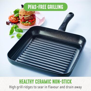 GreenChef Diamond Grillpfanne з антипригарним покриттям Ceramic, 28 см, без PFAS, для індукційних плит, термостійка до 160°C, можна мити в посудомийній машині, чорний колір