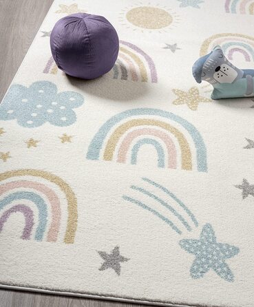 Сучасний дитячий килим з м'яким ворсом, легкий у догляді, стійкий до фарбування, з райдужним малюнком (140 х 200 см, кремова суміш)
