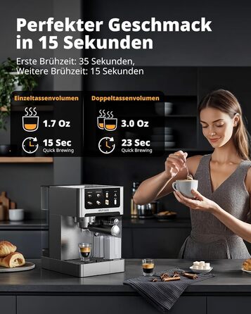 Еспресо-машина Siebträger з подвійним бойлером, 20 Bar, автоматичний спінювач молока, для капучино та лате, нержавіюча сталь, 1.8L бак, сенсорний екран