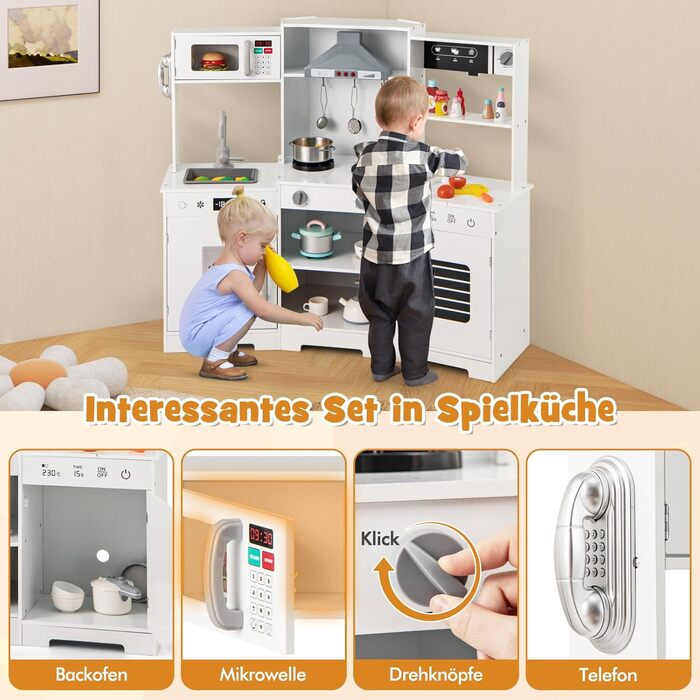 Дерев'яна дитяча кухня Dreamade з аксесуарами, кухонний куточок для дітей з плитою, раковиною, мікрохвильовою піччю, кавоваркою, духовкою, світлом та звуком (білий)