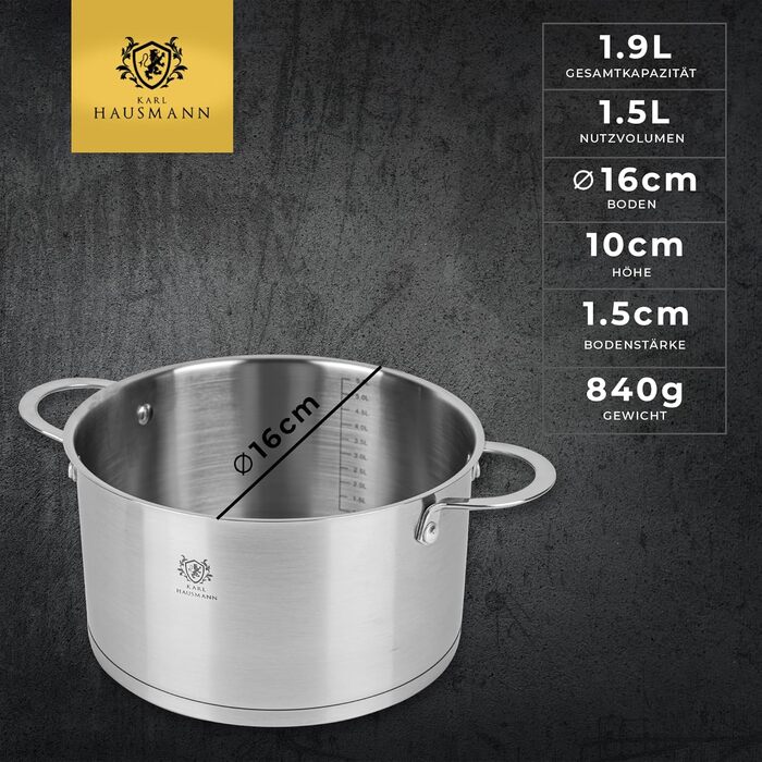 Нержавіюча каструля Karl Hausmann 3.6L, Ø 20 см - каструля для індукційних плит та всіх типів плит з кришкою, суповий та паста-топ, нержавіюча сталь