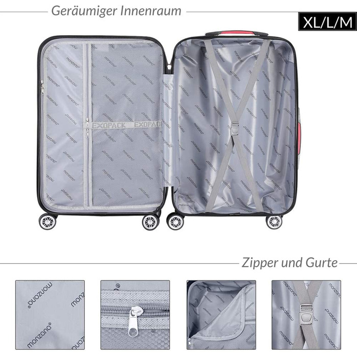 Набір валіз Monzana® 3шт Exopack з TSA замком, коліщата 4 шт, ручки з гелю, розміри M-L-XL, валіза-троль, валіза для подорожей