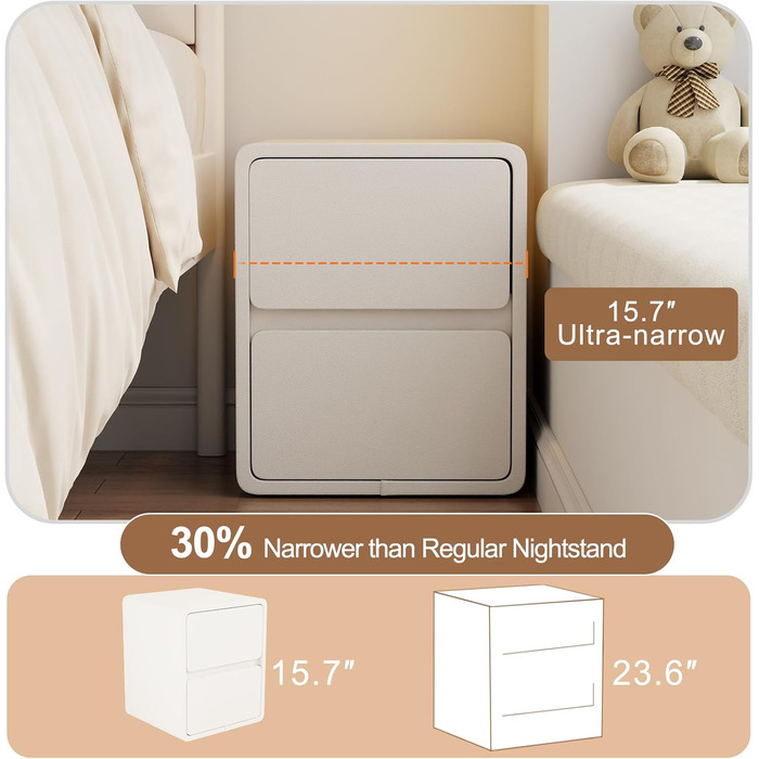 Нічний столик AQIMUELE, білий, з 2 шухлядами, ширина 30 см, без встановлення, з екошкірою