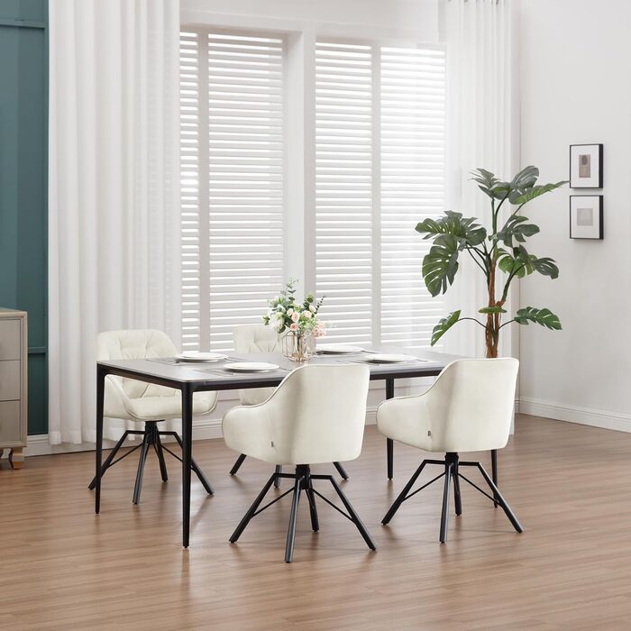 Крісла для їдальні WOLTU EZS60dgr-4 (8 шт.) з м'яким сидінням та підлокітниками, обертаються на 360°, з металевими ніжками, оксамитовий покрив (кремовий)