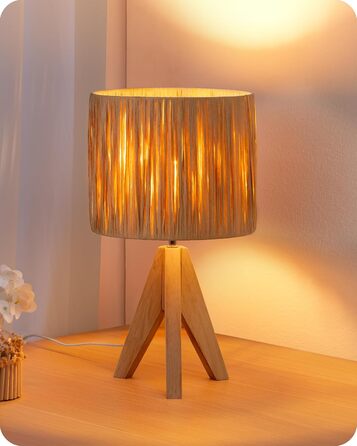 EDISHINE Настільна лампа з ручним плетінням, тепле світло 2700K, дерев'яний штатив, Boho стиль, для спальні, вітальні, готелю, з LED лампою E27 4W, абажур з ротангового паперу