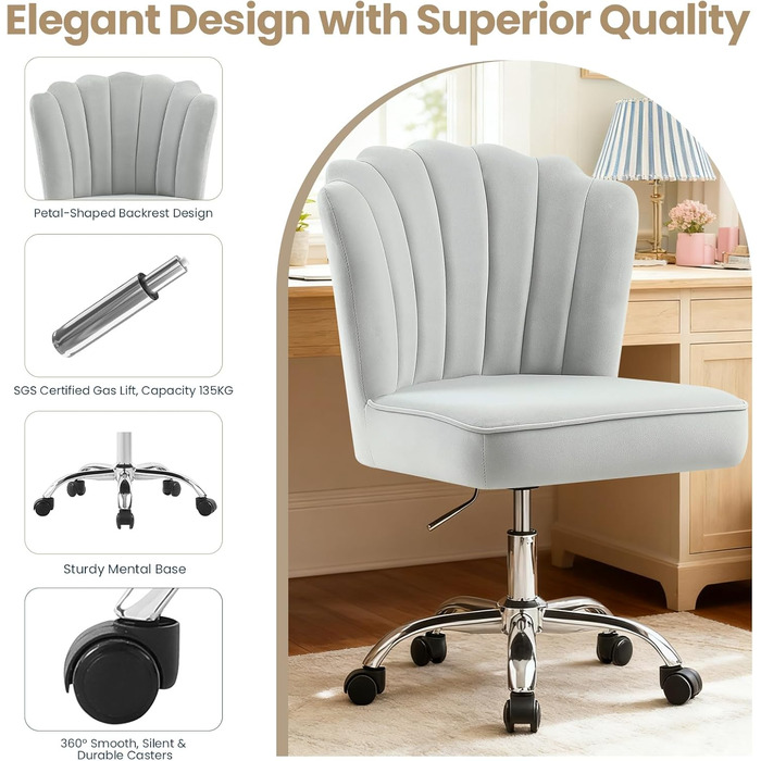 Крісло для офісу Fiximaster Homeoffice, крісло для робочого столу, обертове, регульоване по висоті, з м'якою оббивкою з велюру, золоті ніжки, для робочого кабінету, спальні, до 135 кг, зелений/світло-сірий