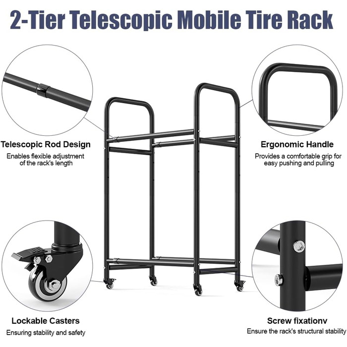 Стійка для шин BAOYOUNI на 4 шини/диски, 2 яруси, регульована, на колесах, для гаража, складу, майстерні, 57,2 x 37,3 x 114,6 см