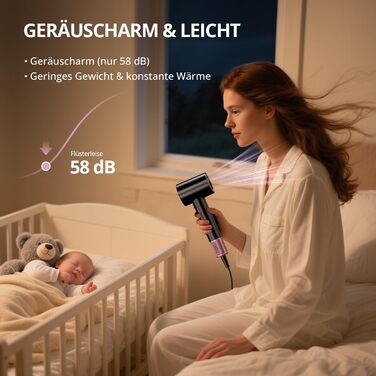 Іонний фен для волосся з безщіточковим мотором 180 000 об/хв, компактний дорожній фен з 4 режимами температури та захистом від перегріву, чорний