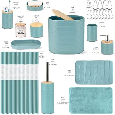 Набір аксесуарів для ванної кімнати IMAVO, 9 предметів: смітник, дозатор мила, мильниця, тримач для зубних щіток, стакан для щіток, тримач для унітазного йоржика, дозатор для ватних паличок (блакитний, 26 предметів + ПВХ-штора для душу + килимки)