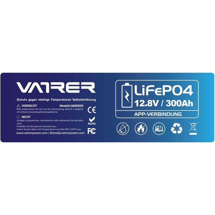 Літієва батарея VATRER POWER LiFePO4 12V 100AH з низькотемпературною відсічною літієвою батареєю 100A BMS 5000 глибокого циклу 1280 Вт для автофургонів, кемпінгу, човнів, сонячних домашніх систем (12V300Ah з автономним нагріванням)