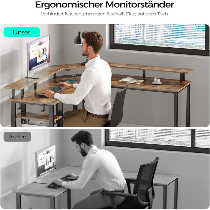 Комп'ютерний стіл Rolanstar L-подібний з RGB підсвічуванням та розетками, геймінговий стіл з полицею та 2 гачками, для офісу, робочого кабінету, спальні (117см) (Вінтажний коричневий, 137 x 77 x 87 см)