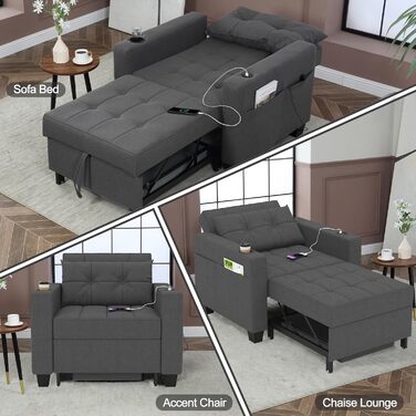 Розкладне крісло-ліжко DURASPACE 99 см, 3-в-1, темно-сіре, з USB, кишенею та підстаканником для малих кімнат