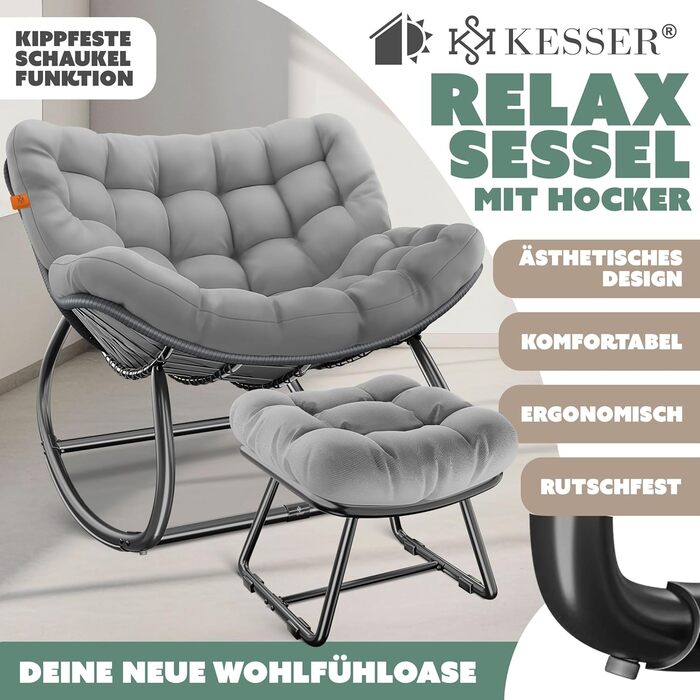 Крісло-гойдалка KESSER® для дому та вулиці, ергономічне | Макс. навантаження 120 кг, стійкі ніжки, стійке до погодних умов (XXL Chillexer Pro, сірий)