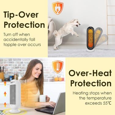 Електричний обігрівач Nictemaw 2000W з керамічним нагрівачем, 3 режими, захист від перекидання, таймер 12 год, осциляція 100°, пульт ДУ, для дому та офісу, білий