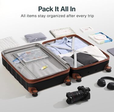 Набір дорожніх валіз Koffer Hartschale (20/24 дюйми), легкий полікарбонат PC, розширюваний ручний багаж та чемодан з колесами та TSA замком, чорний, преміум-якість