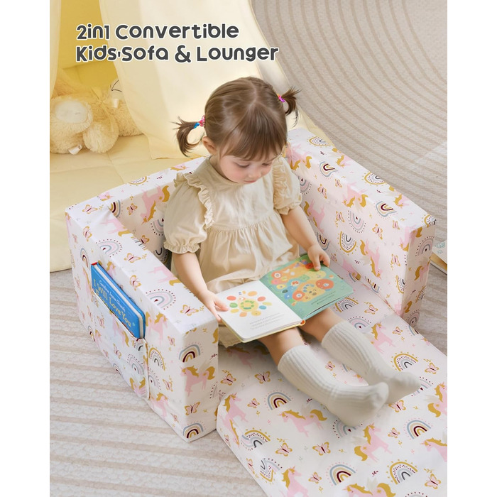 Дитяче розкладне диван-крісло BEJOY 2 в 1, Sherpa, з єдинорогом, бежевий, для дитячої кімнати, подарунок на день народження