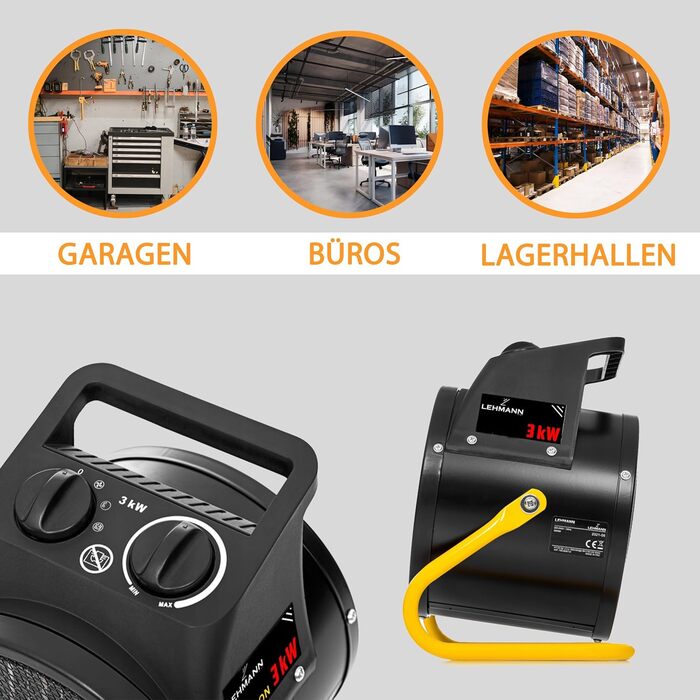 Електричний обігрівач-вентилятор Lehmann Thermoventilator | 3000 Вт | 3 режими | термостат | нахил | ручка для перенесення | для невеликих приміщень