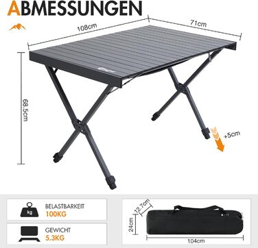 Складаний кемпінговий стіл PORTAL з регулюванням висоти, алюмінієвий, 108 x 71 см, легкий стіл для пікніка, саду та подорожей, чорний