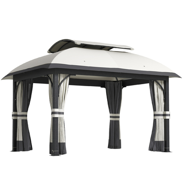 Газонний павільйон, 3,3 x 4 м, намет для саду з сітчастими шторами, двоярусна дах, обтяжка з екошкіри, металевий каркас, світло-сірий