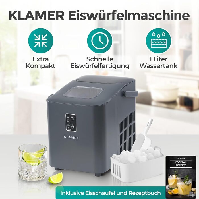 Льодогенератор KLAMER 24 кг/добу, 3 розміри льоду, 2.2л резервуар, 130W, тихий, сірий