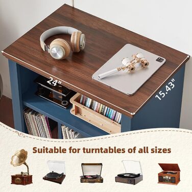 LELELINKY Підставка для програвача, полиця для платівок, містить до 200 платівок, великий дерев'яний стіл для програвача, полиця для платівок у вітальню, спальню, офіс (Блакитний)