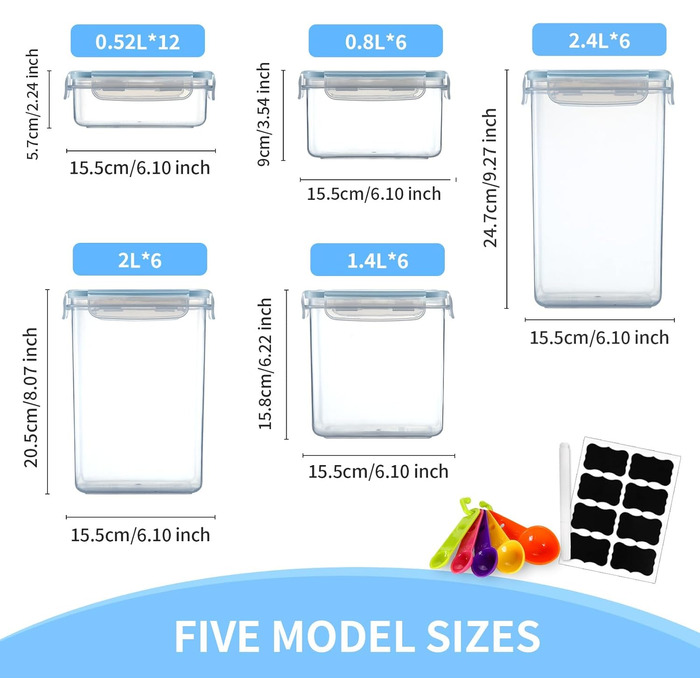 Набір контейнерів для зберігання продуктів 36 шт. з універсальною кришкою – 1 кришка для всіх 5 розмірів, герметичні та BPA-free, прозорі контейнери для їжі, з мірною ложкою та етикетками (2,4/2/1,4/0,8/0,5 л)