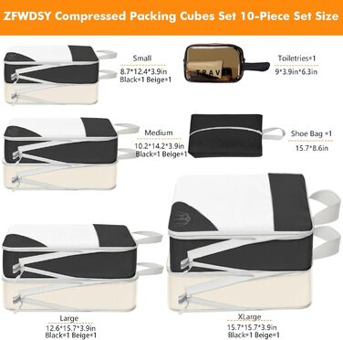 Набір компресійних органайзерів для подорожей Packwürfel, 10 предметів, водонепроникні сумки для одягу та речей у валізу, бежевий та чорний