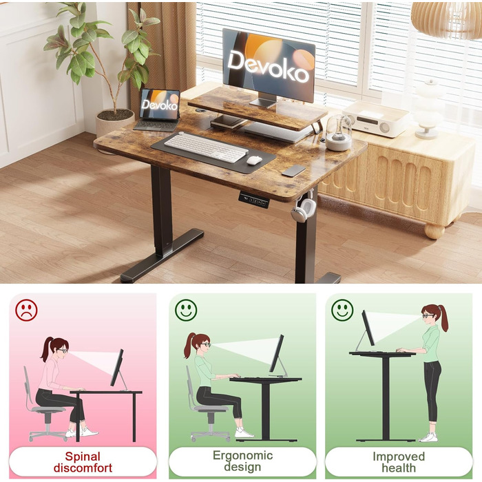 Електричний регульований стіл Devoko 120x60 см з підставкою для монітора, комп'ютерний стіл, 2 пам'яті висоти, вінтажний коричневий