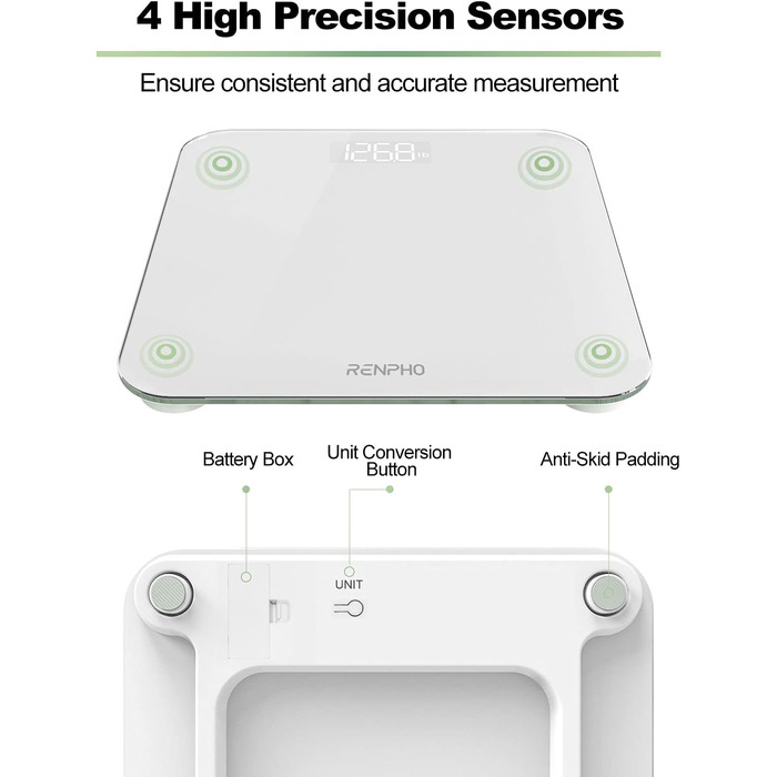 Цифрові ваги для ванної кімнати RENPHO, ультратонкі ваги для тіла з високоточними датчиками, ваги з покроковою технологією, білий 10,2 дюйма/260 мм білий