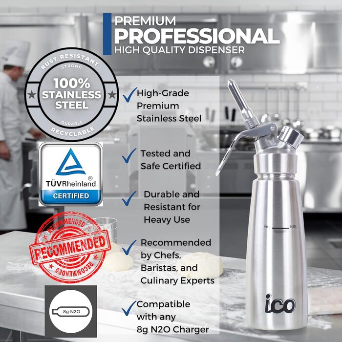 Професійний дозатор для вершків ICO 500 мл з нержавіючої сталі - сифон для капсул з вершками - пляшка Espuma для десертів