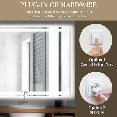 Дзеркало для ванної кімнати з підсвіткою 80x60 см, LED дзеркало з 3 кольорами світла, регульована яскравість, захисне скло, сенсорне управління, функція пам'яті, запобігання запотіванню, 60L x 80B cm