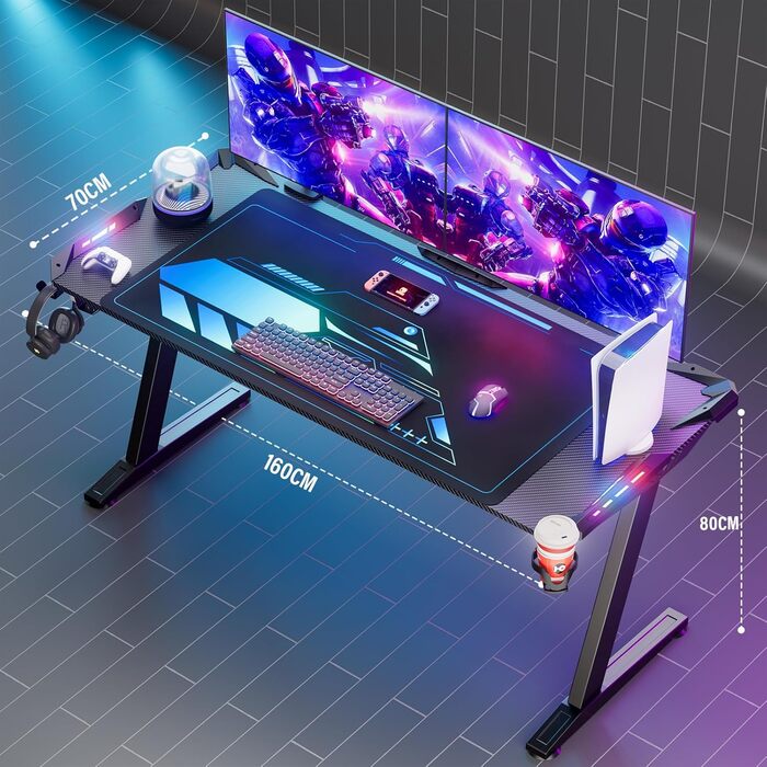 Ігровий стіл Himimi 160x70 см з LED-підсвічуванням, чорний, з коробкою для кабелів, тримачем для напоїв та гачком для навушників