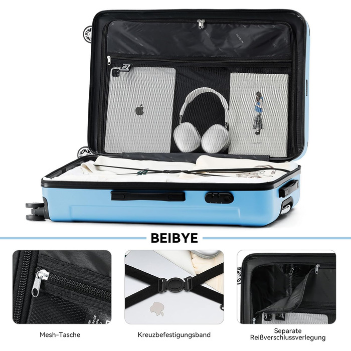 Чохол-валіза Beibye з кодовим замком, 4 колеса, великий (76 см), блакитний (комплект)