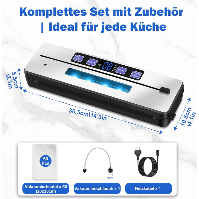 Вакууматор для продуктів 7 в 1 з подвійним швом, професійний вакуумний пакувальник з цифровим таймером, вбудованим різаком та 50 пакетами, сріблясто-чорний