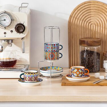 Набір чашок для еспресо Vancasso 4 шт., 150 мл SIMI з підставками та стійкою, керамічні чашки для еспресо, капучино, лате, мокко