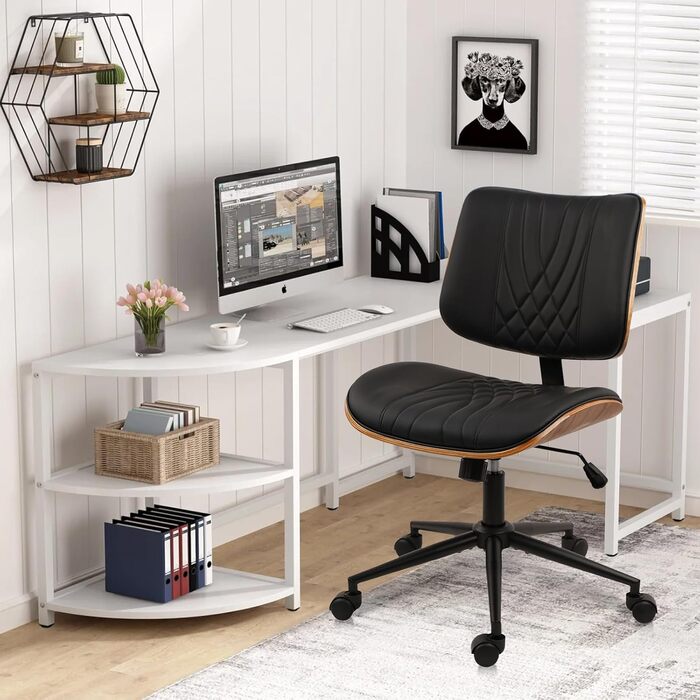 Крісло офісне без підлокітників Clatina з роликами, регульоване по висоті, шкіряне, поворотне, для комп'ютера, середньою спинкою, сучасний стиль горіх, для home office, робочого кабінету, конференц-залу, біле (чорне), 1 шт.