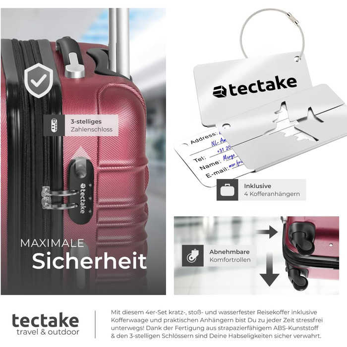 Набір валіз Tectake 4шт з ABS пластику, S-M-L-XL, з роликами, телескопічним ручками та замками, з ваговою шалькою та аксесуарами для валіз (Вишневий)