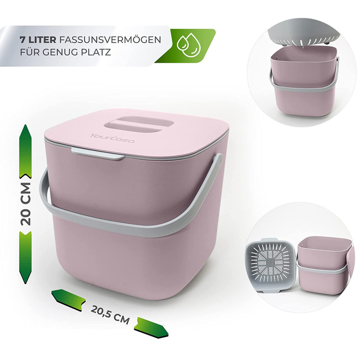Відро для компосту YourCasa - 7 л-для побутових органічних відходів на кухні - можна мити в посудомийній машині-не має запаху-знімна внутрішня вставка-органічна кошик для сміття з кришкою кухонний кошик для органічних відходів (рожевий )