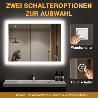 LED дзеркало для ванної кімнати 80x60 см з підсвічуванням, 3 кольори світла, регулювання яскравості, антизапарник, сенсорне керування, пам'ять, IP44, вологостійке, 6500K