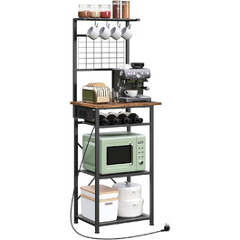 Стелаж для кухні з розетками, підлоговий, бакалійний, 35 x 48 x 135 см, 4 гачки, станція для кави з тримачем для пляшок та гачками, вінтажний коричневий та чорний ABRHR23UE01