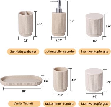 Набір для ванної кімнати 6 предметів: дозатор для мила, стаканчик для зубної щітки з підносом та коробочка для ватних паличок – смугастий дизайн, високоякісна смола (бежевий)