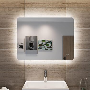 Дзеркало для ванної кімнати SONNI LED з підсвічуванням 50x70 см, сенсорне управління, 3 кольори світла, проти запотівання, функція пам'яті, білий