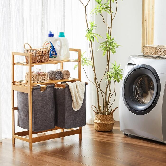 Кошик для білизни YOUDENOVA з бамбукового каркасу, 2 відсіки, 2 висувні мішки для білизни, 93x64x33 см, 70 л, сірий