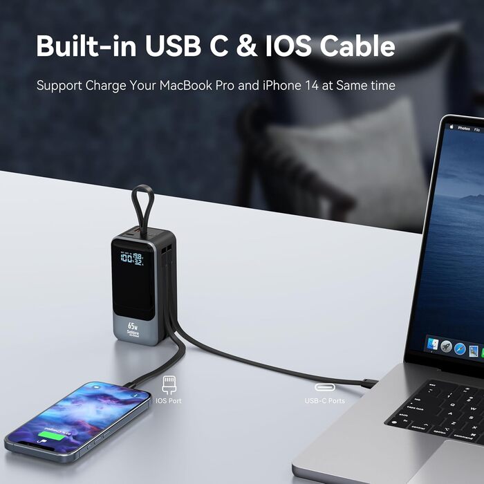 Power Bank Selore&S 65W з USB-C, 4 порти, для iPhone, Galaxy, MacBook, iPad, дронів, чорний