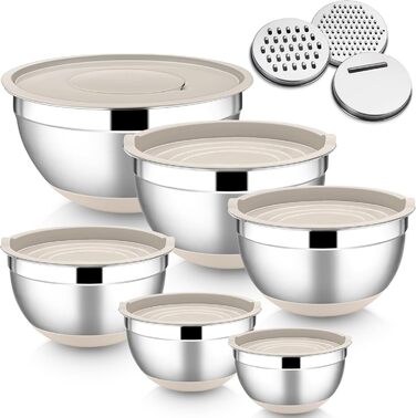 Набір мисок HaWare 6 шт. з нержавіючої сталі з кришками та набором терок, 4.6л/2.8л/2.5л/1.6л/1.2л/0.7л, з силіконовим дном, для миття в посудомийній машині