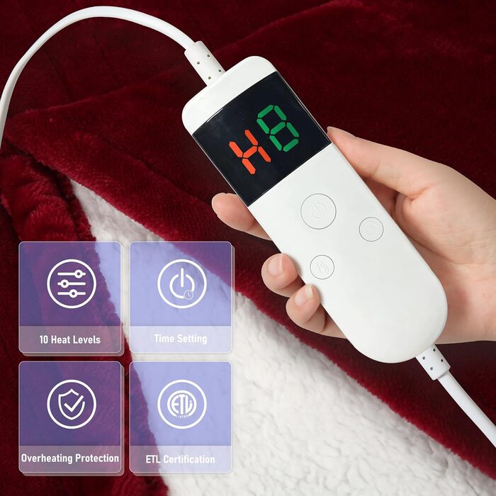 Електрична гріюча ковдра з автовимкненням, 130x180 см, 10 режимів нагріву, таймер 8 годин, захист від перегріву, фланель, машинне прання, для дому та офісу, червона, 130 x 180 см